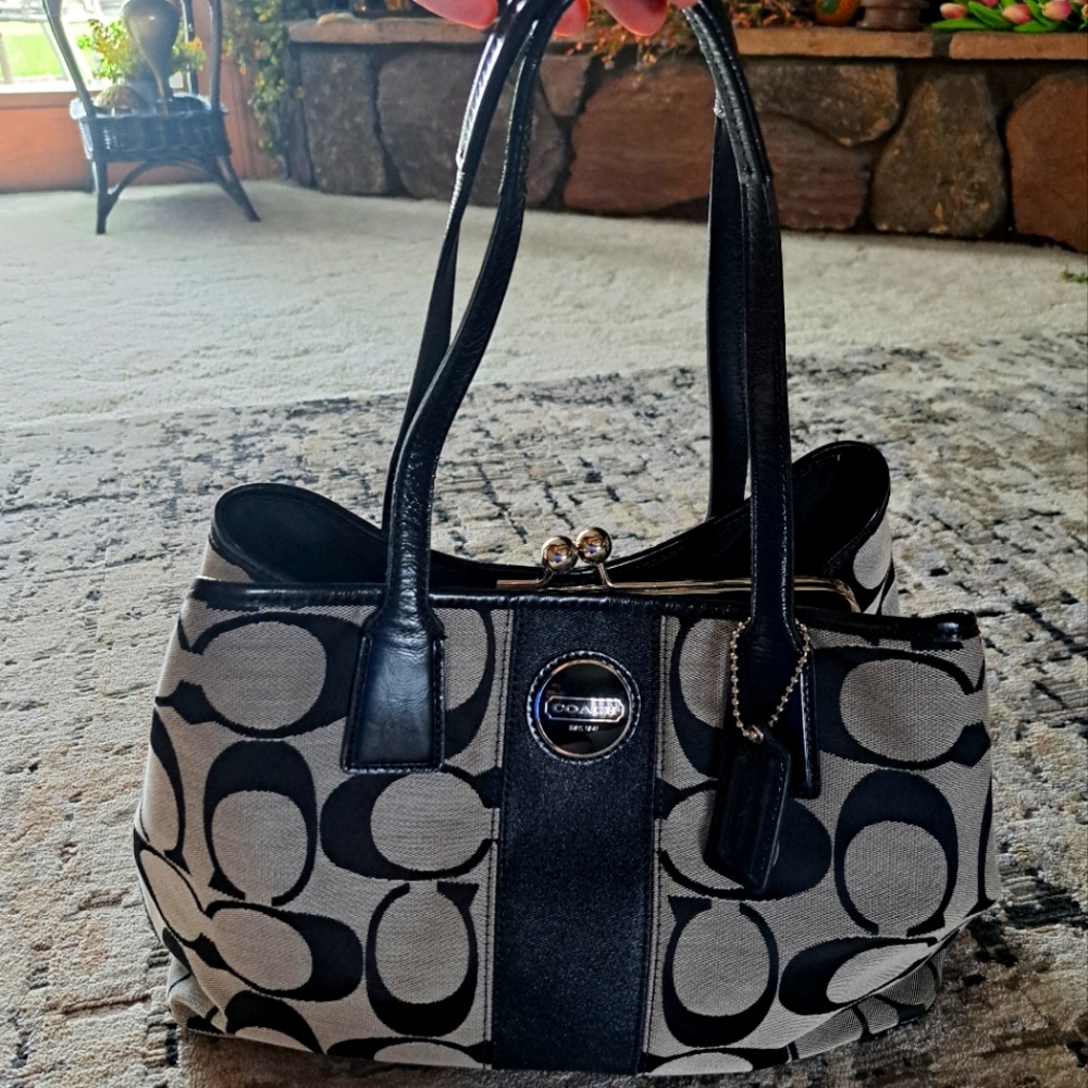Coach Black and Gray Shoulder Bag with Signature Design. Snap Closures Tight.